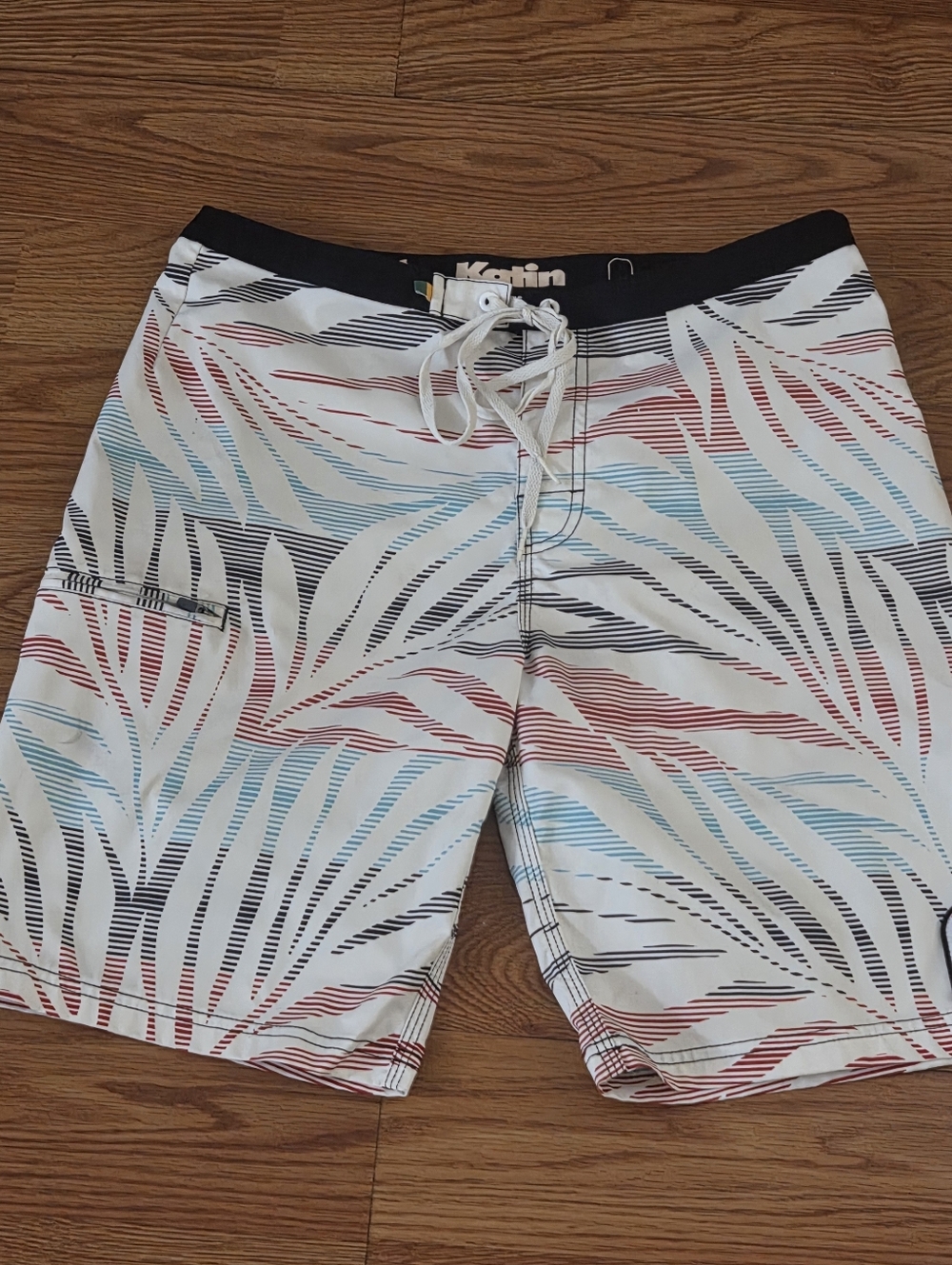 Katin Custom Surf Swim Trunks Mens Med Size 31 White Floral Stripes Retro Kanvas